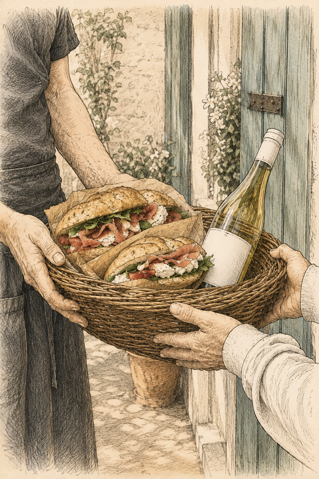 Panier Click & Collect avec sandwichs et bouteille de vin, prêt à emporter de La Bazenne